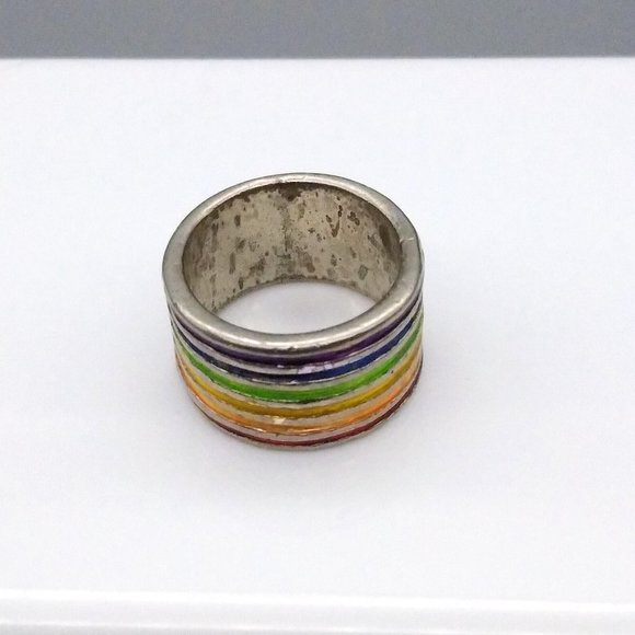 Vintage Wide Rainbow Band Ring, Silver Tone with Enamel Channels - Picture 4 of 5